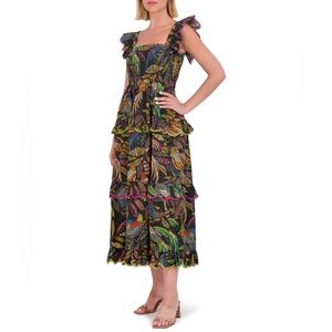 Printed Cotton Smocked Midi Dress Size 4